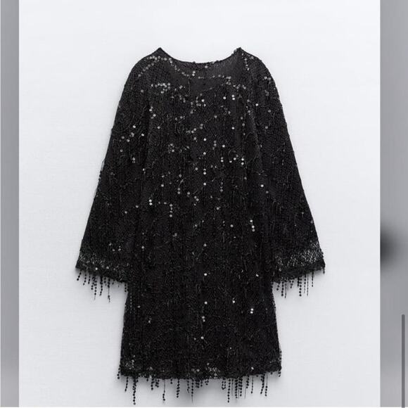 Zara Black FRINGED SEQUIN MINI DRESS Size Large - Picture 12 of 14